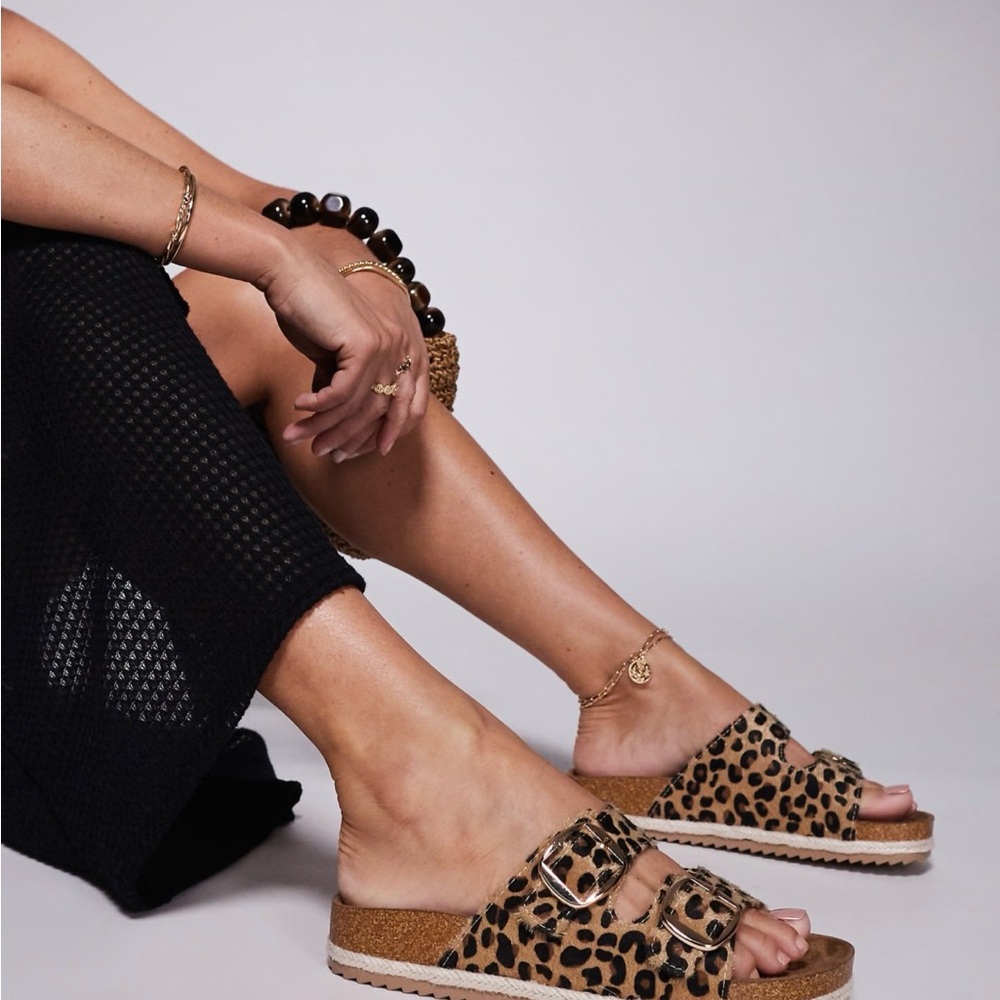 Women's Leopard Print Slide Sandals - Tan/Black - Picture 4 of 8